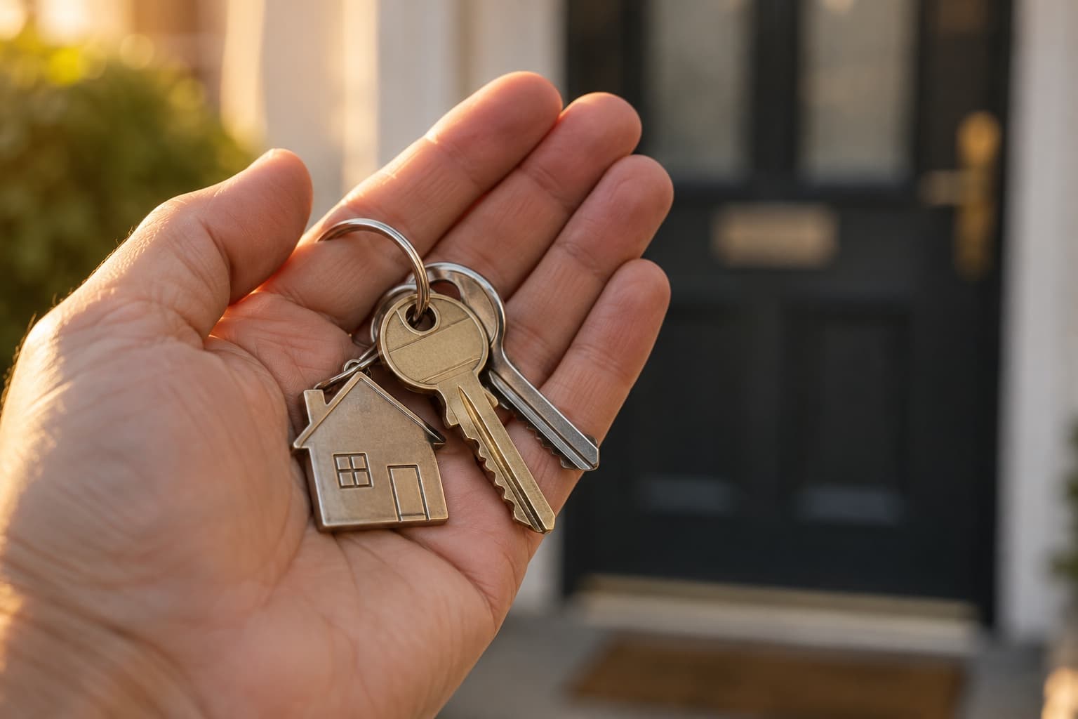 Clés de maison avec porte-clés en forme de maison dans une main ouverte, porte d’entrée floue en arrière-plan