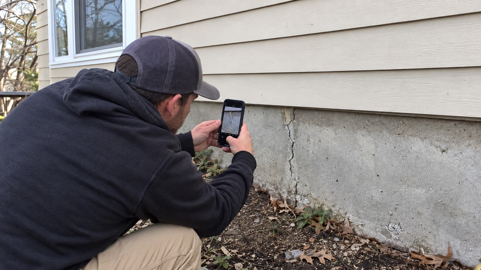 Inspecteur en bâtiment accroupi devant une fondation, photographiant une fissure avec son téléphone